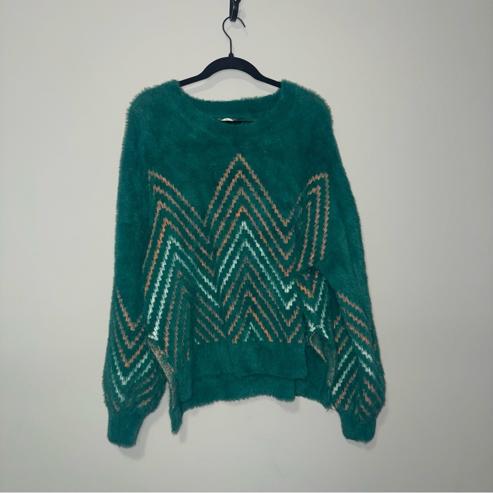 Arula Womens Teal Green Fuzzy Eyelash Knit Chevron Zigzag Pullover Sweater L/XL